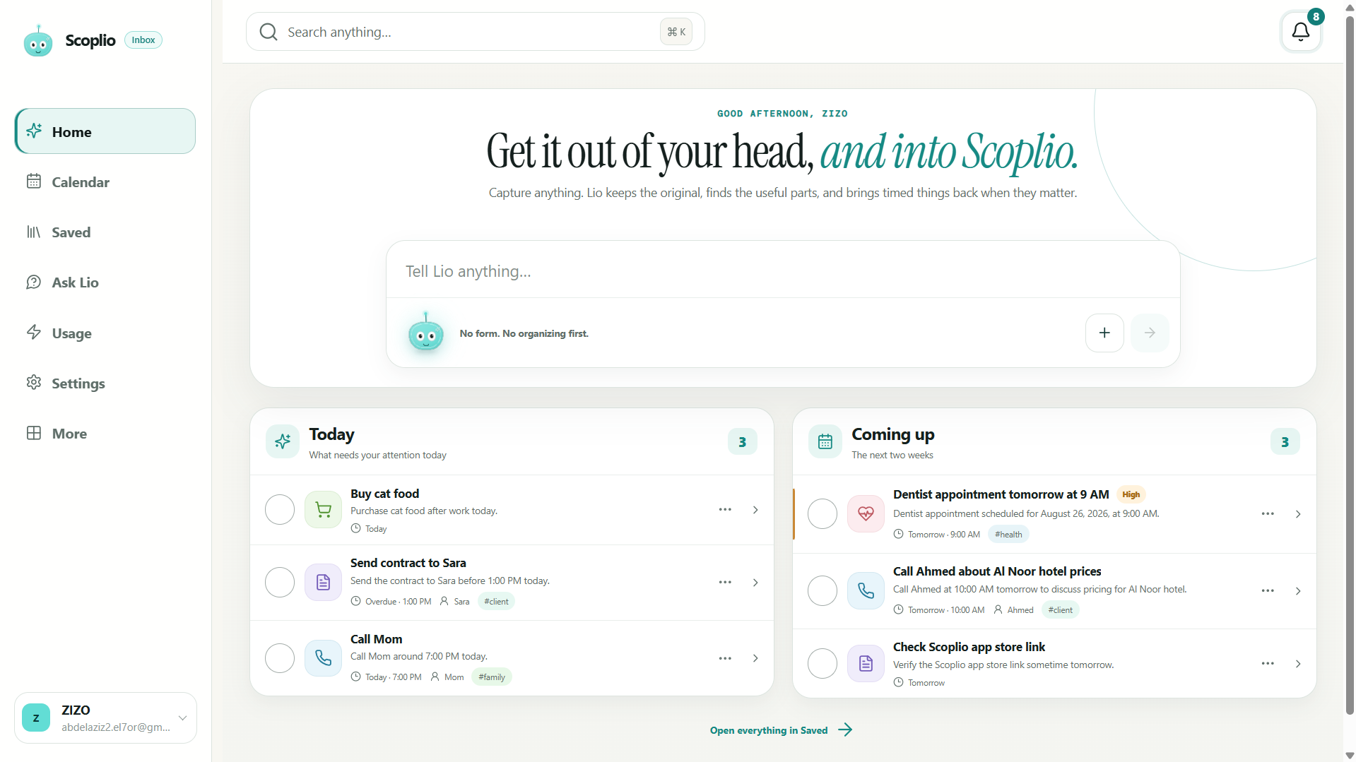 Scoplio Inbox capture box with Lio ready for a messy thought